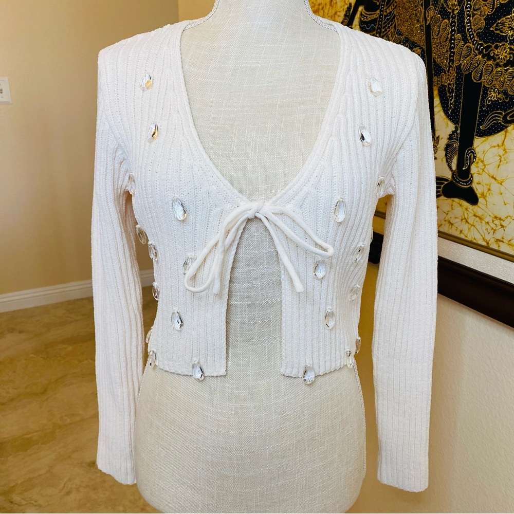 ZARA CHENILLE CRYSTAL CARDIGAN in Ecru